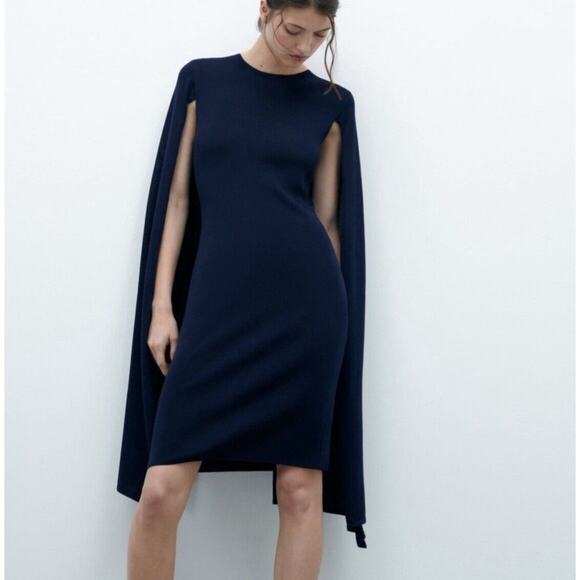 Zara Knit Cape Dress S Navy Blue‎ Party Trendy Sleeveless Classic Cocktail NEW - Picture 2 of 12